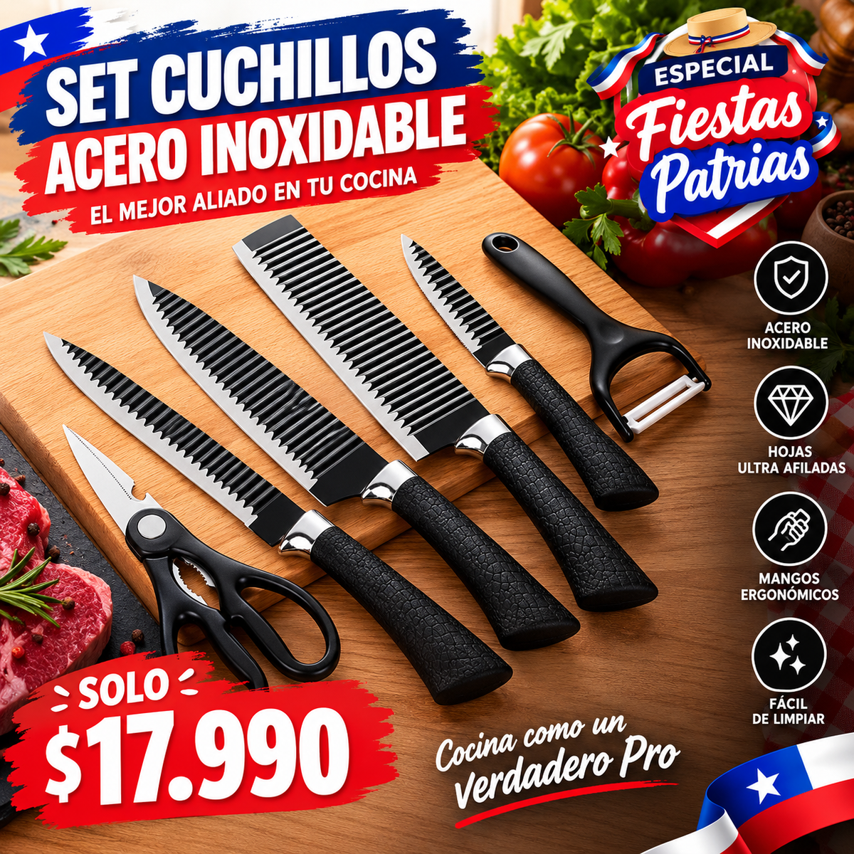 Set de 6 Cuchillos 🔪 de Cocina 🍽️Acero Inoxidable Anti-Adherente