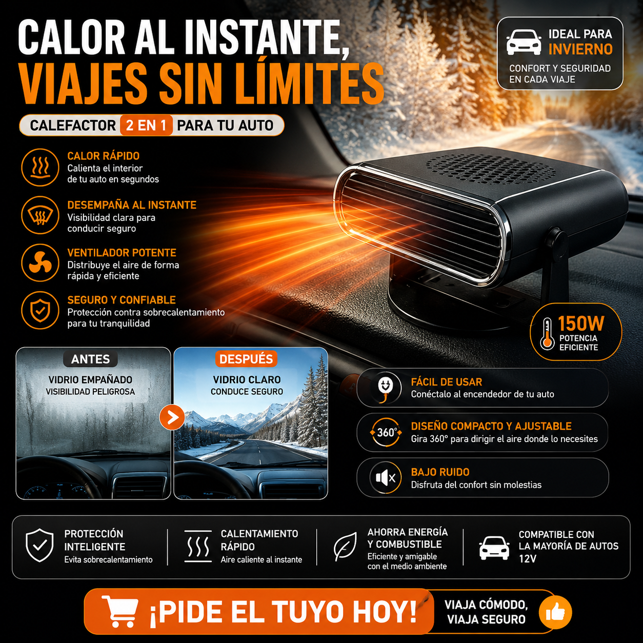 Ventilador Calefactor 🔥♨️ para automóvil 🚗 - Desempaña tus vidrios en instantes
