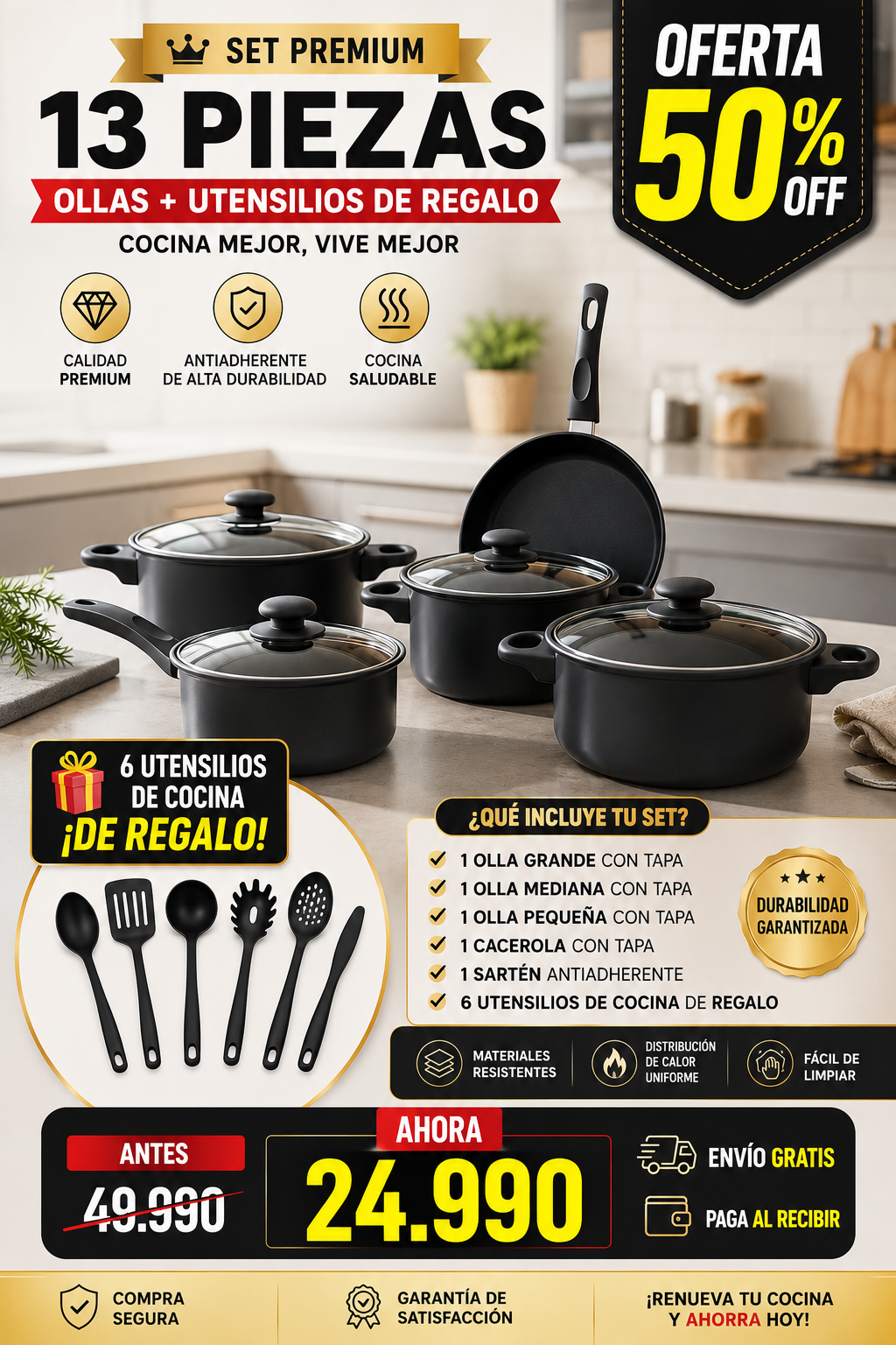 Set de Ollas 🍳 Antiadherentes de 13 Pcs 👨‍🍳 +  Utensidios de Cocina🎁