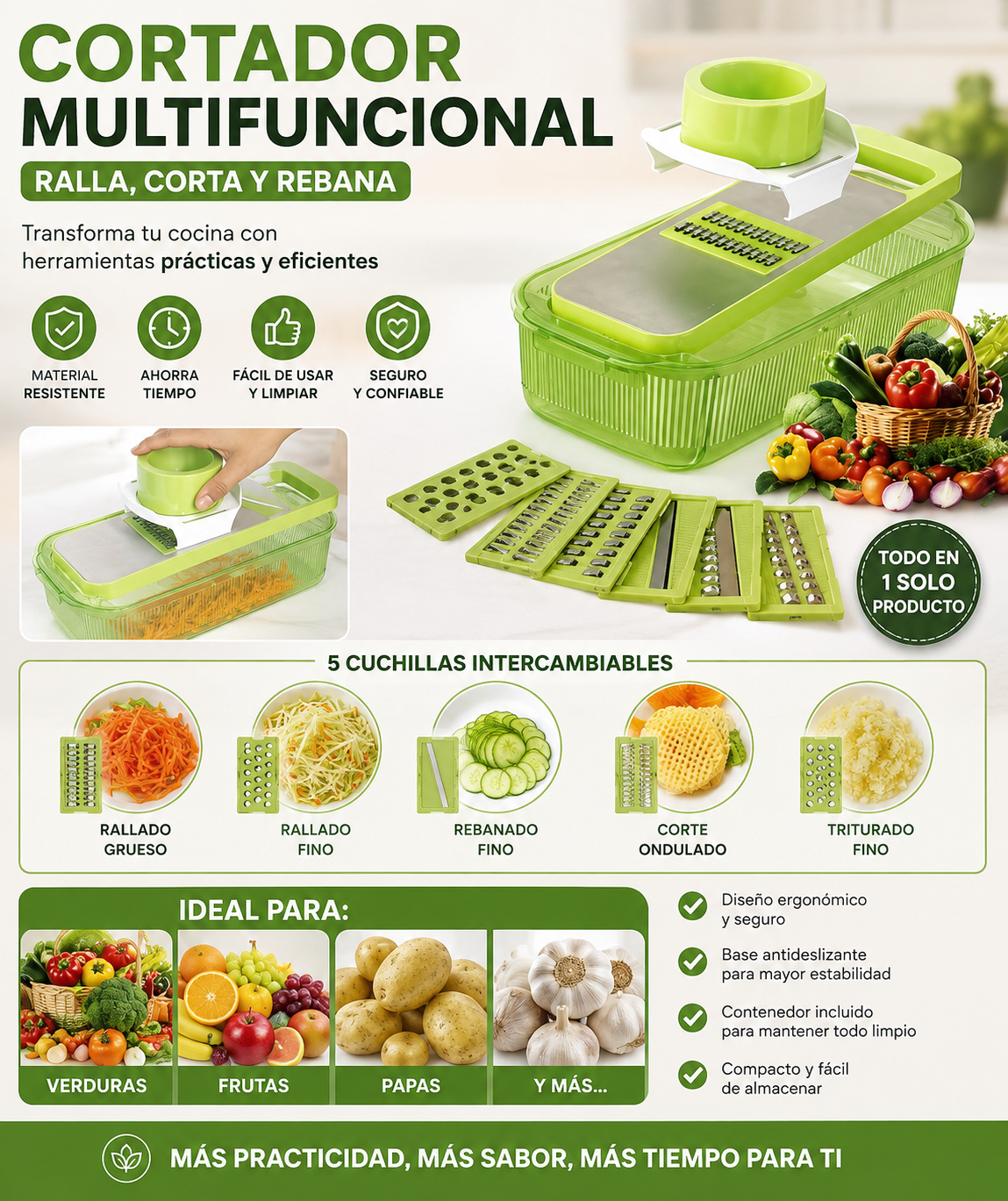 🥕 Cortador Multifuncional de Cocina | ¡Corta, Ralla y Rebana en segundos!