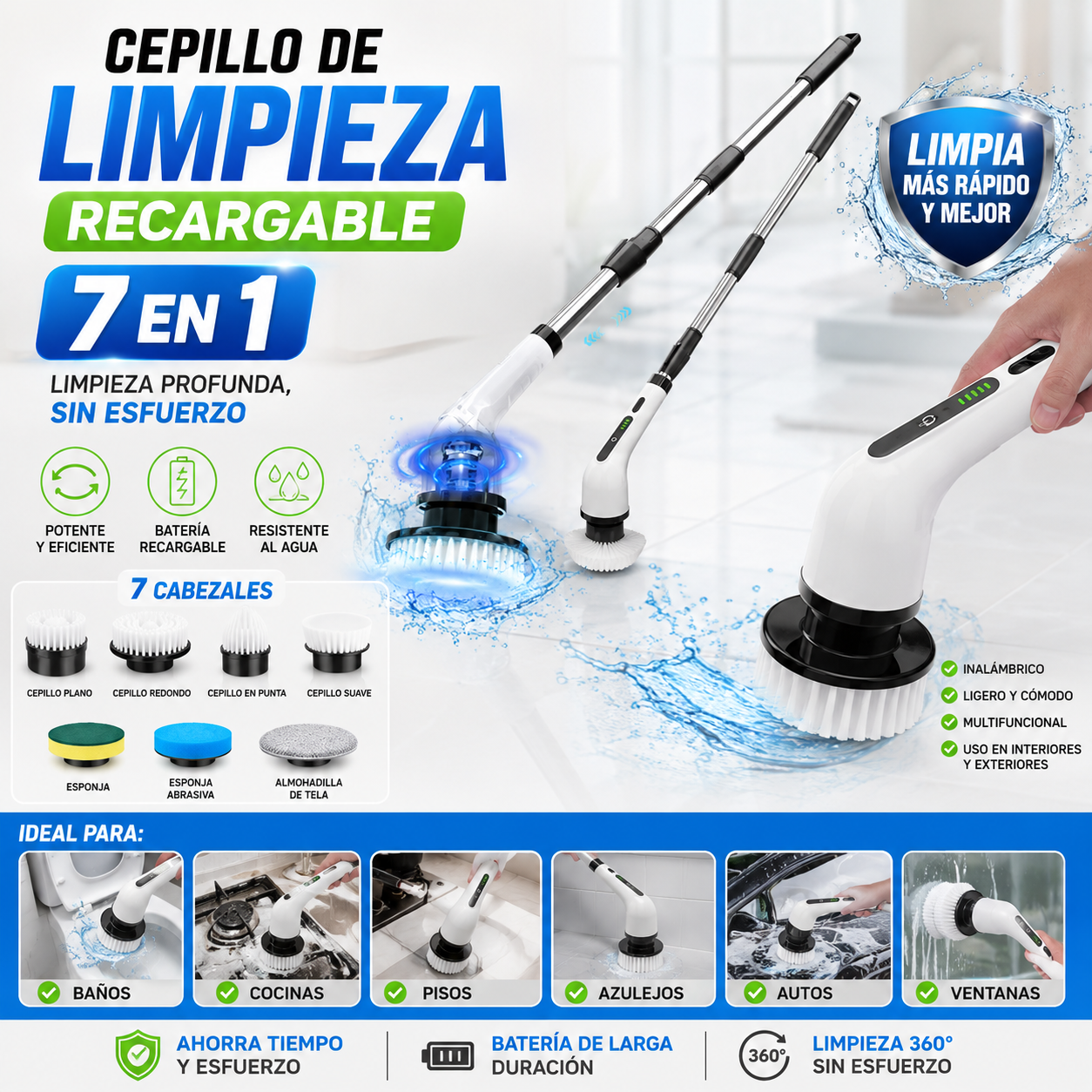 Cepillo de Limpieza Eléctrico Recargable 🔋 7 en 1 | Limpieza Profunda sin Esfuerzo.🫧